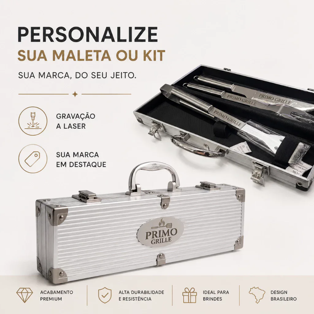 Maleta prateada aberta e fechada com faca, garfo e pinça.